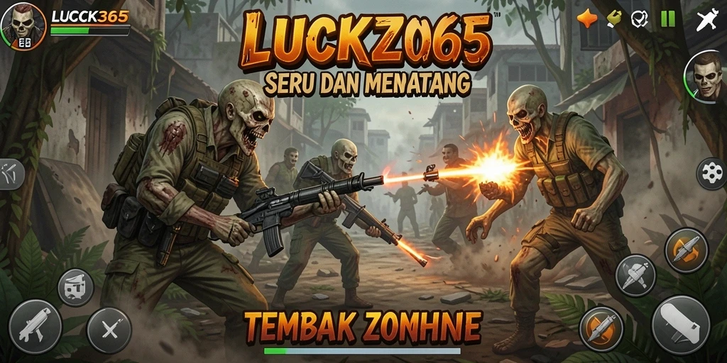 Antarmuka bermain LUCK365 yang menampilkan aksi seru tembak zombie.