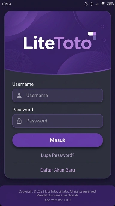 Tampilan halaman login litetoto